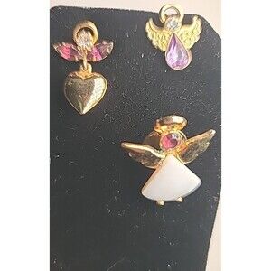 Vintage Of 3 Gold Tone & Purple Rhinestone Angel Pins Brooch